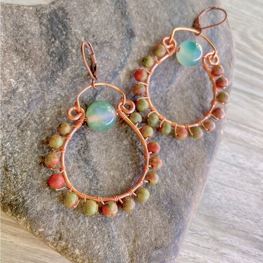 Hand Crafted Green and Gold Beaded Hoop Earrings